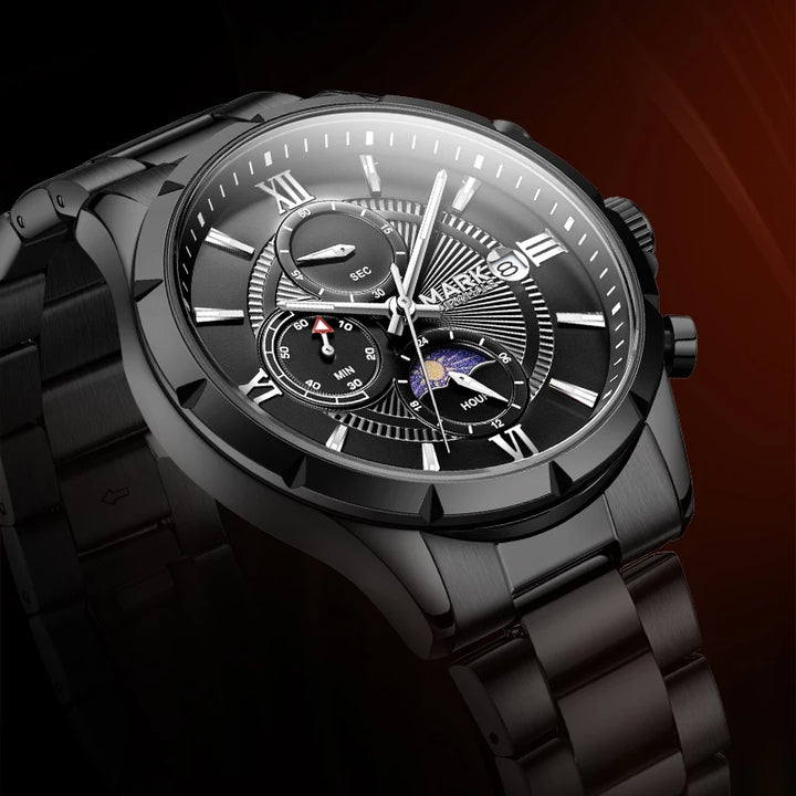 Men’s quartz watch lifestyle scene in café environment