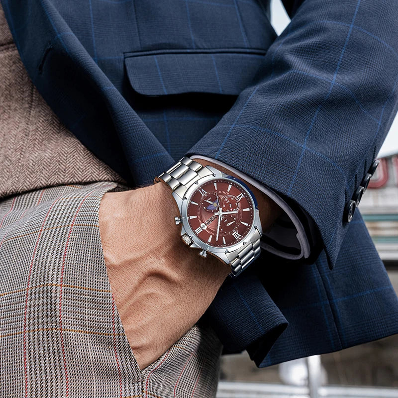 Quartz watch for men placed on desk showing multifunction dial