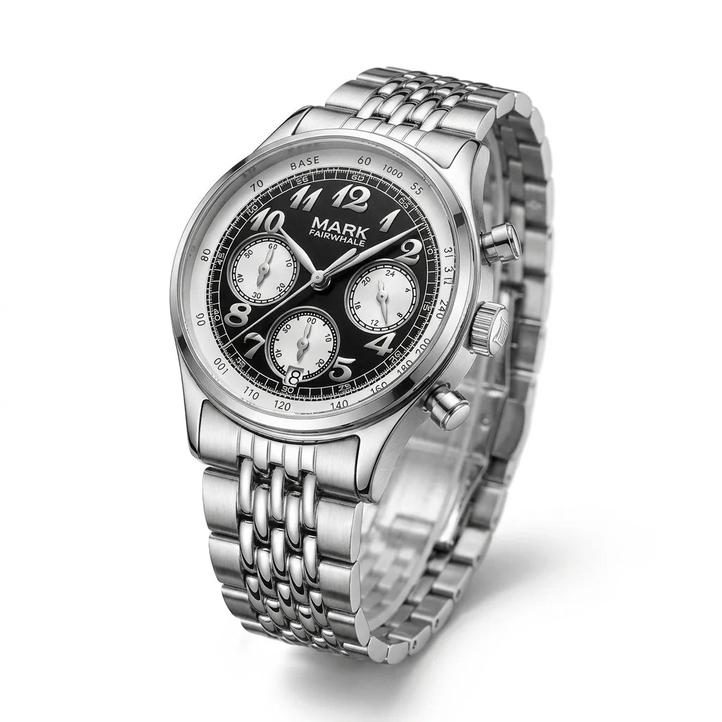 Mark Fairwhale FW-5071 Men's Quartz Watch - beaded steel bracelet, subdial watch face, studio lighting