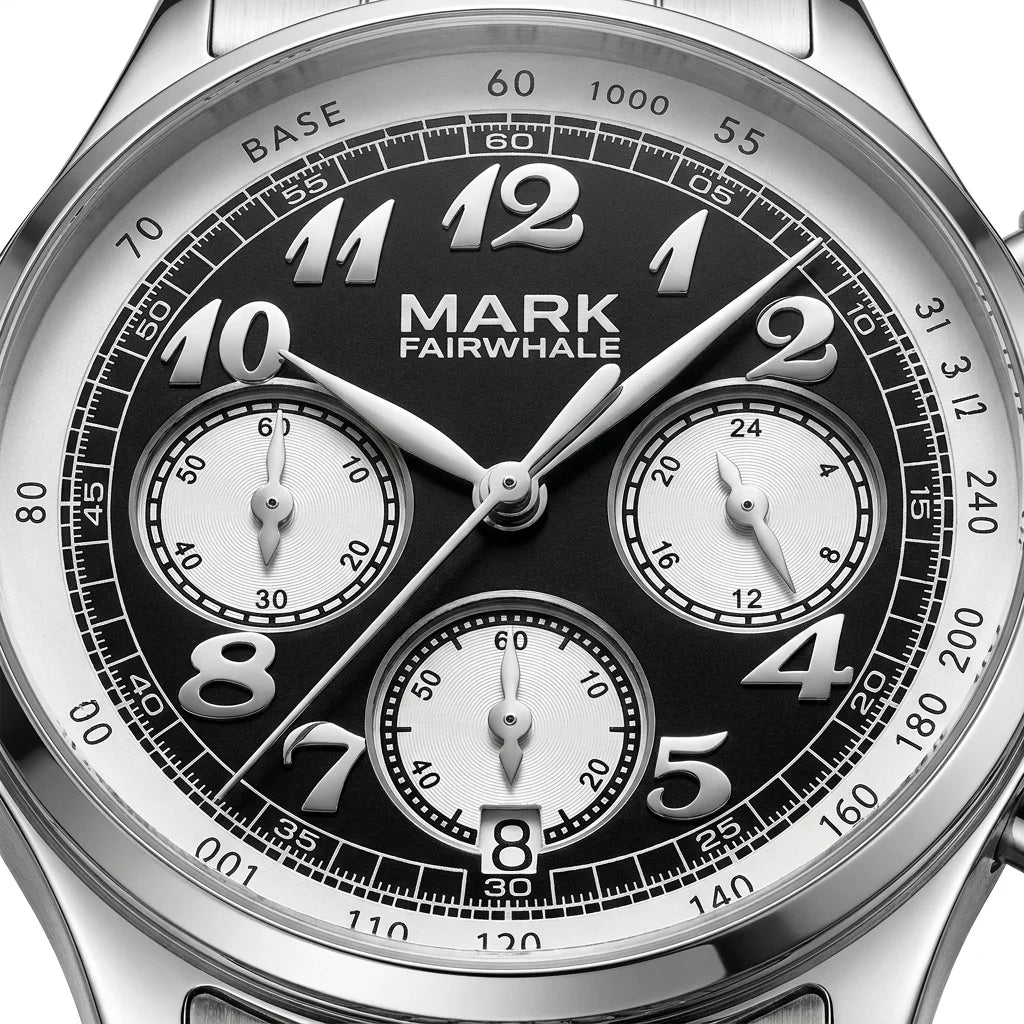 Mark Fairwhale FW-5071 Men's Quartz Watch - front dial, polished metallic bezel, studio lighting