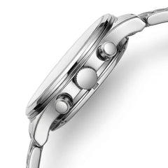 Mark Fairwhale FW-5071 Men's Quartz Watch - macro watch profile, brushed steel case, studio white background