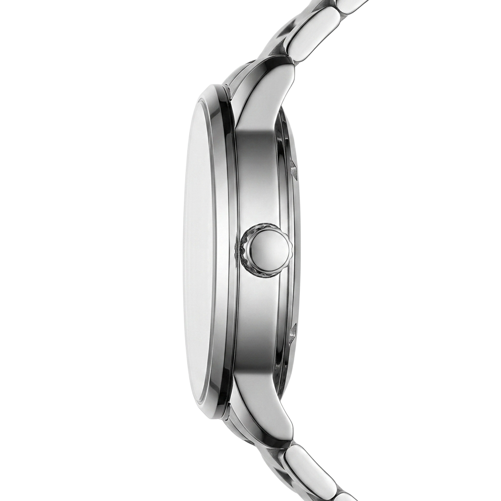 Close-up of a silver watch with a white background