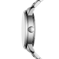 Close-up of a silver watch with a white background