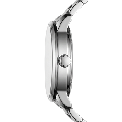 Close-up of a silver watch with a white background