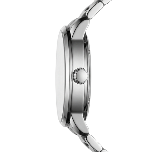 Close-up of a silver watch with a white background