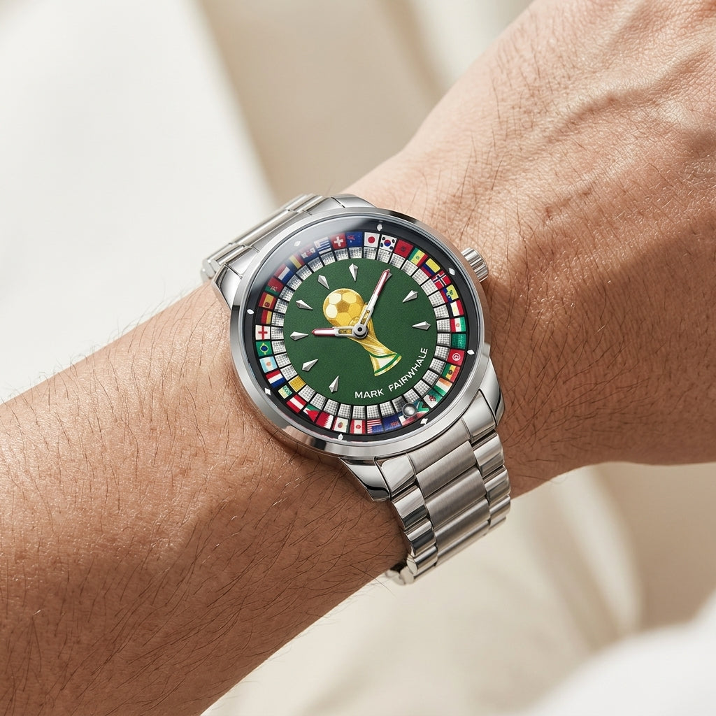 Silver watch with a detailed green face on a wrist against a neutral background