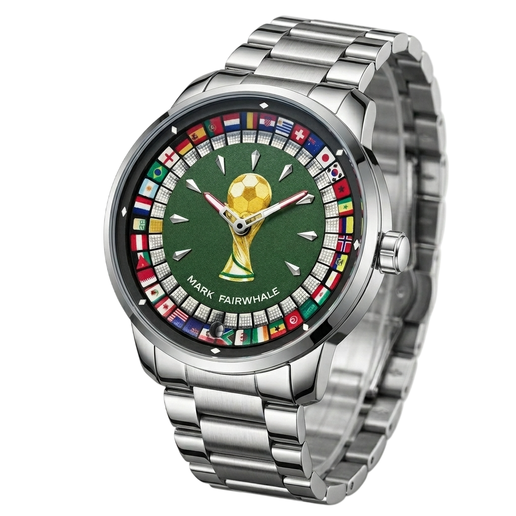 Silver watch with a green dial featuring a soccer trophy and world flags on a white background