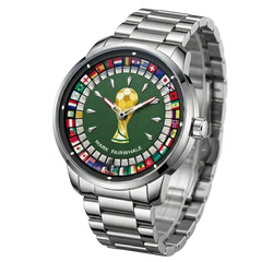 Silver watch with a green dial featuring a soccer trophy and world flags on a white background