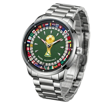 Silver watch with a green dial featuring a soccer trophy and world flags on a white background