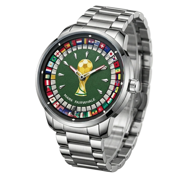 Silver watch with a green dial featuring a soccer trophy and world flags on a white background