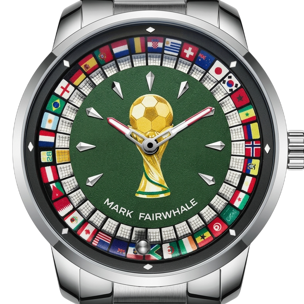 Watch with a gold soccer ball and flags on a green background, brand &