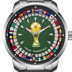 Watch with a gold soccer ball and flags on a green background, brand 'Mark Fairwhale' visible.