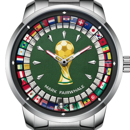 Watch with a gold soccer ball and flags on a green background, brand &