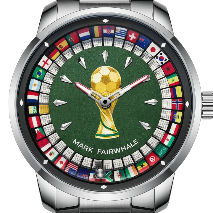 Watch with a gold soccer ball and flags on a green background, brand &