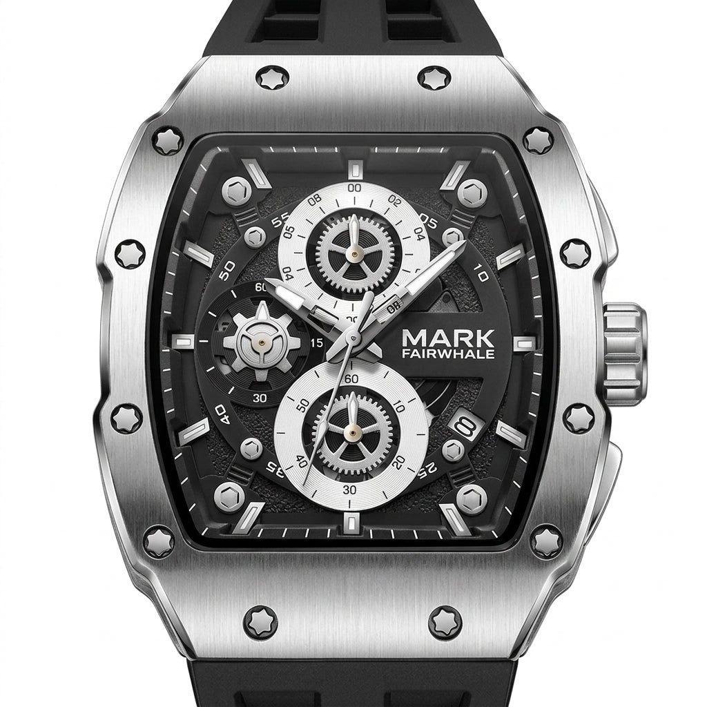 MARK FAIRWHALE FW-5980 - Watch face detail, subdials and logo