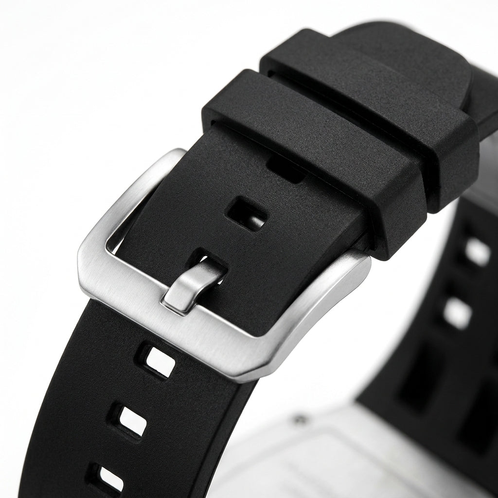 MARK FAIRWHALE FW-5980 - Watch band and buckle detail, black rubber strap
