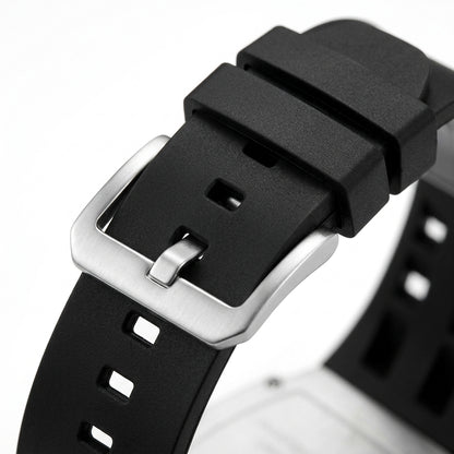 MARK FAIRWHALE FW-5980 - Watch band and buckle detail, black rubber strap