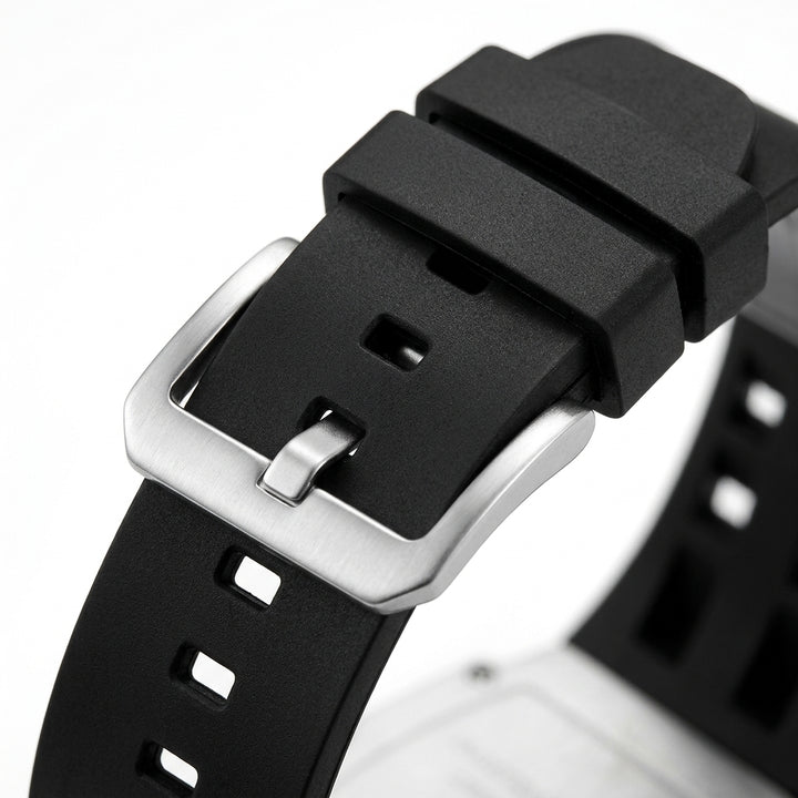 MARK FAIRWHALE FW-5980 - Watch band and buckle detail, black rubber strap