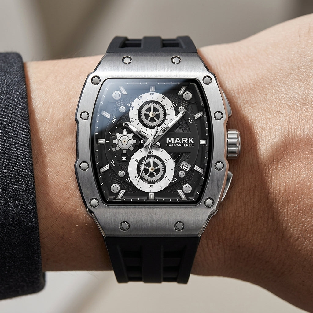 MARK FAIRWHALE FW-5980 - Front view, silver watch, black dial
