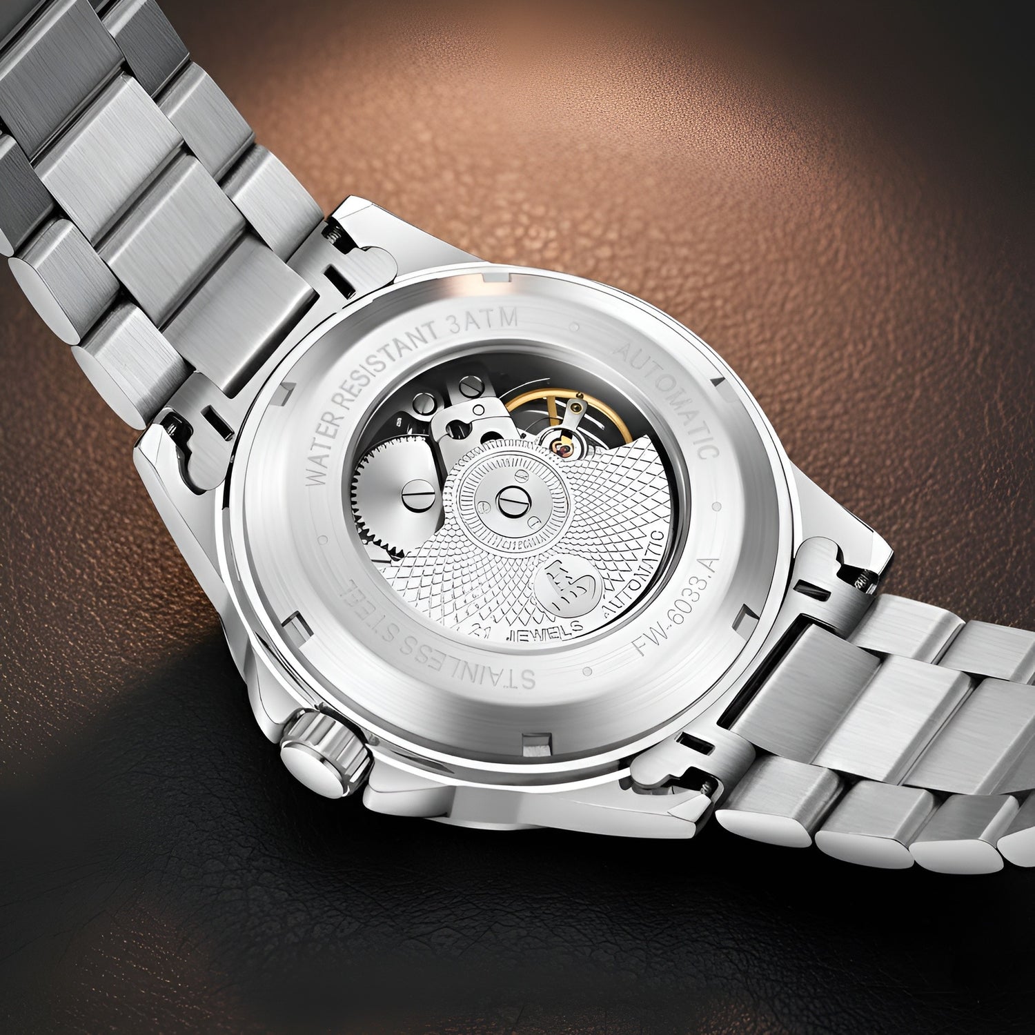 Mark Fairwhale FW-6033 Knight Vector automatic mechanical watch caseback showing movement and rotor detail