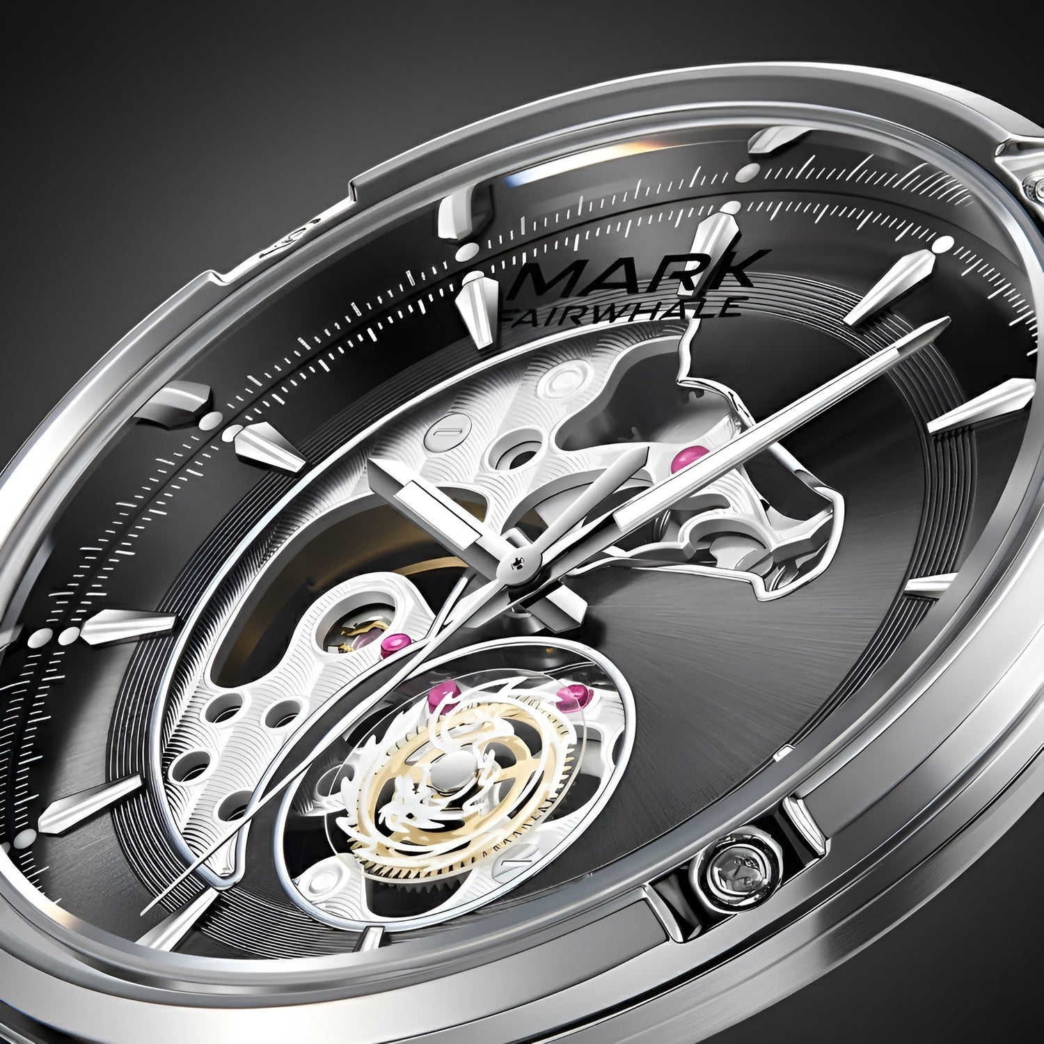 Mark Fairwhale FW-6033 Knight Vector automatic mechanical watch skeleton dial closeup showing balance wheel and precision details