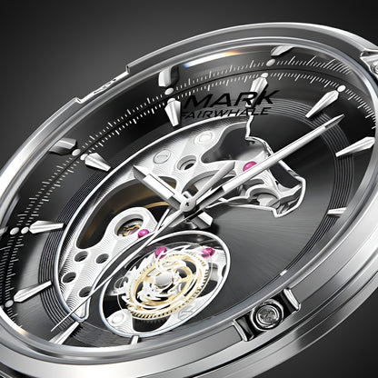 Mark Fairwhale FW-6033 Knight Vector automatic mechanical watch skeleton dial closeup showing balance wheel and precision details