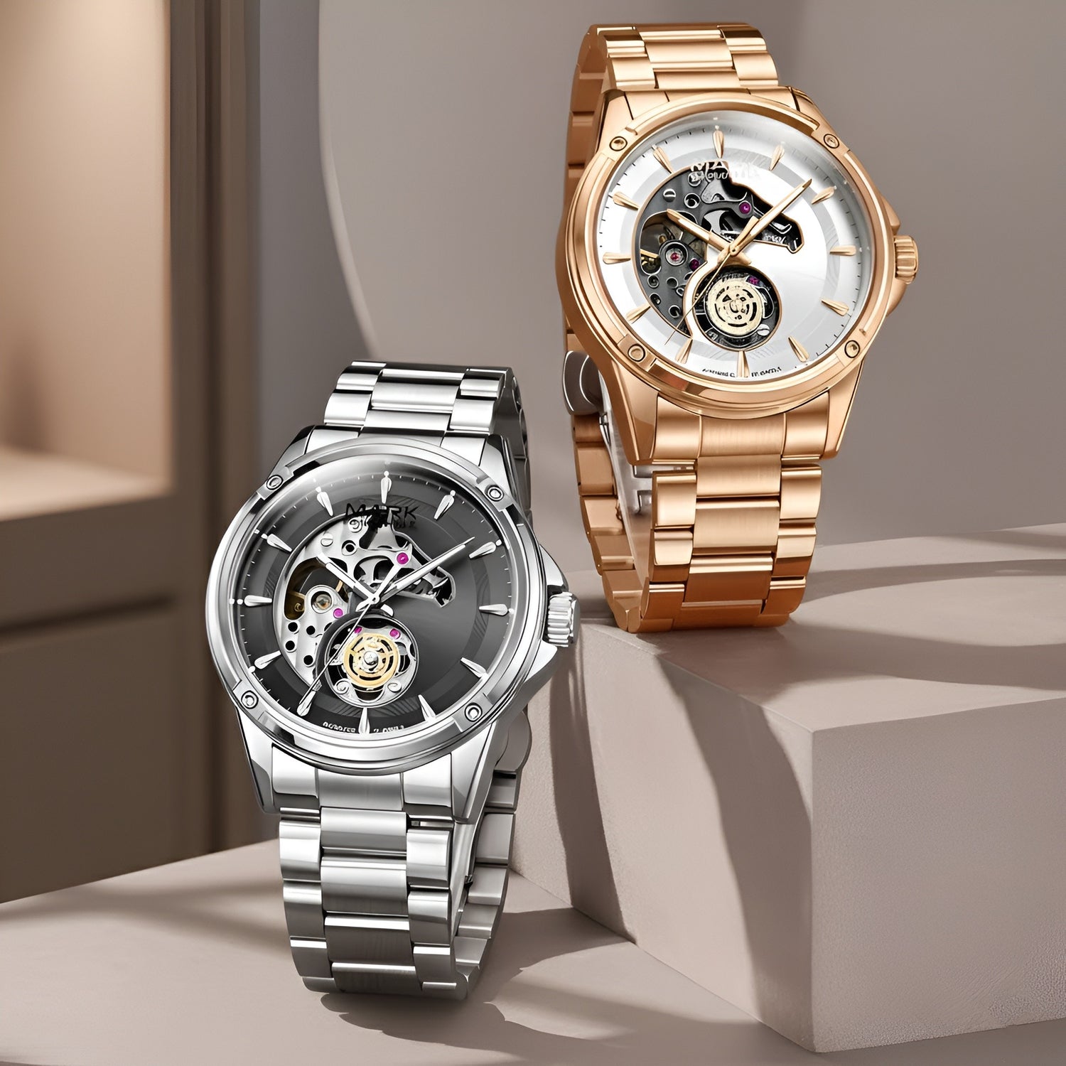 Mark Fairwhale FW-6033 Knight Vector automatic mechanical watch silver and rose gold variants displayed in premium studio setup