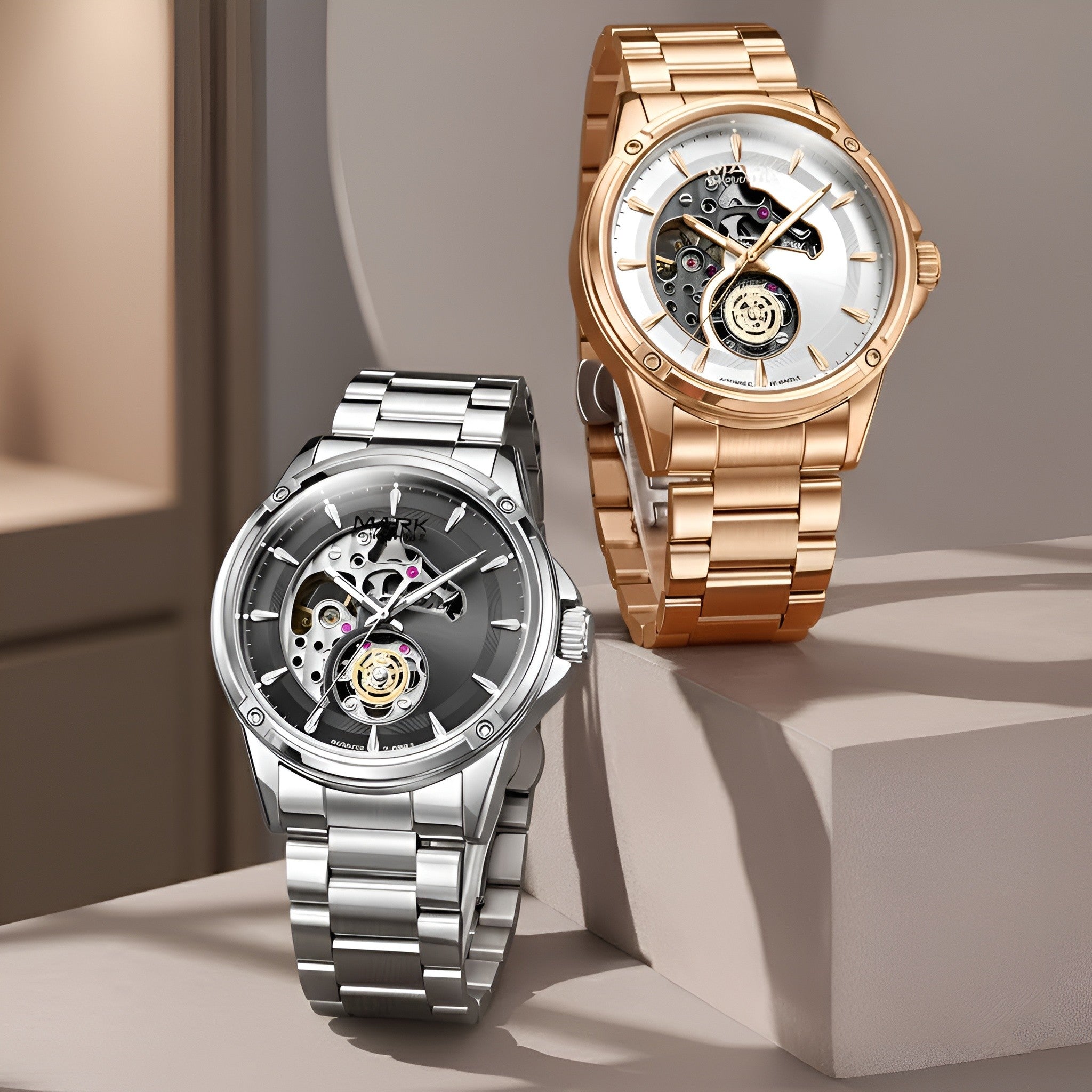 Mark Fairwhale FW-6033 Knight Vector automatic mechanical watch silver and rose gold variants displayed in premium studio setup