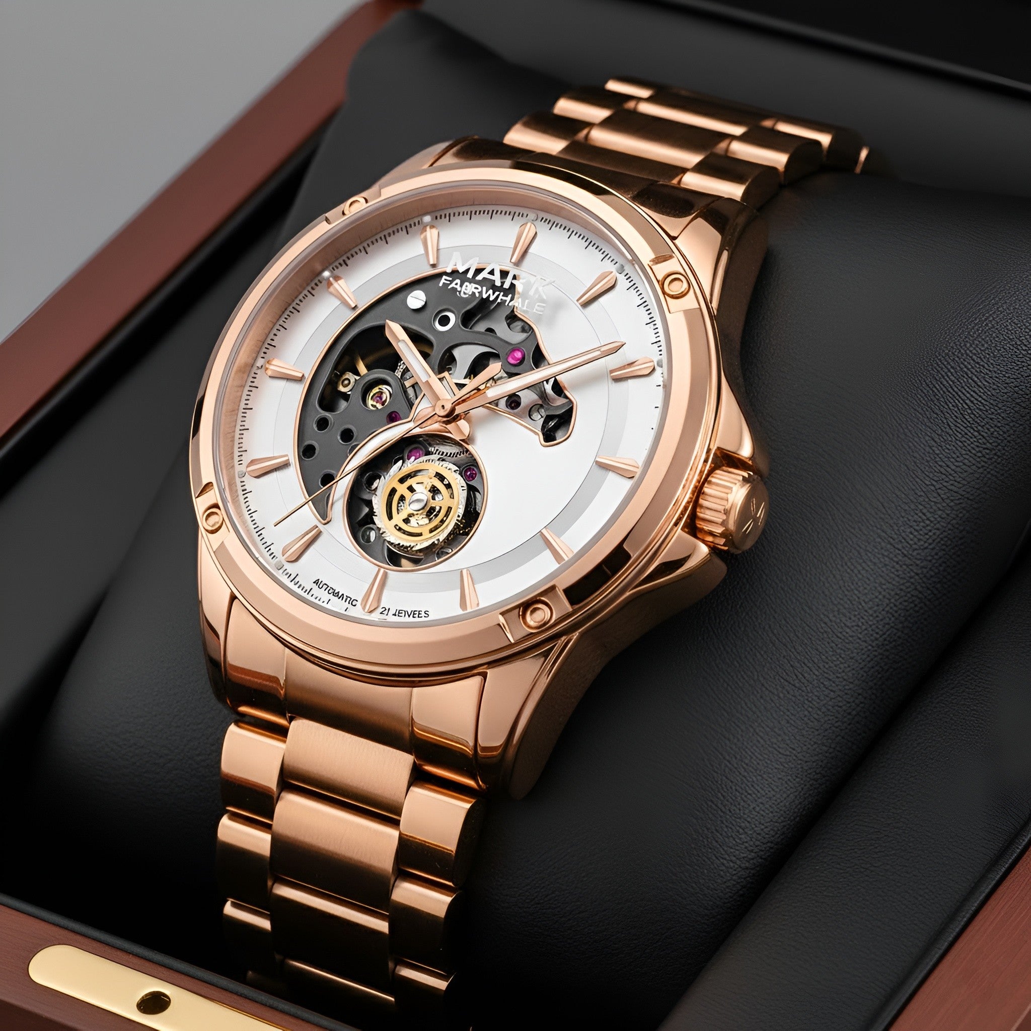 Mark Fairwhale FW-6033 Knight Vector automatic mechanical watch rose gold edition inside luxury watch box