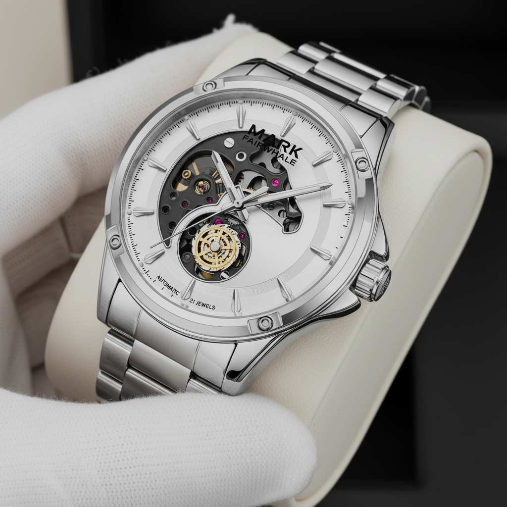 Mark Fairwhale FW-6033 Knight Vector automatic mechanical watch closeup with white dial and skeleton movement on stainless steel bracelet