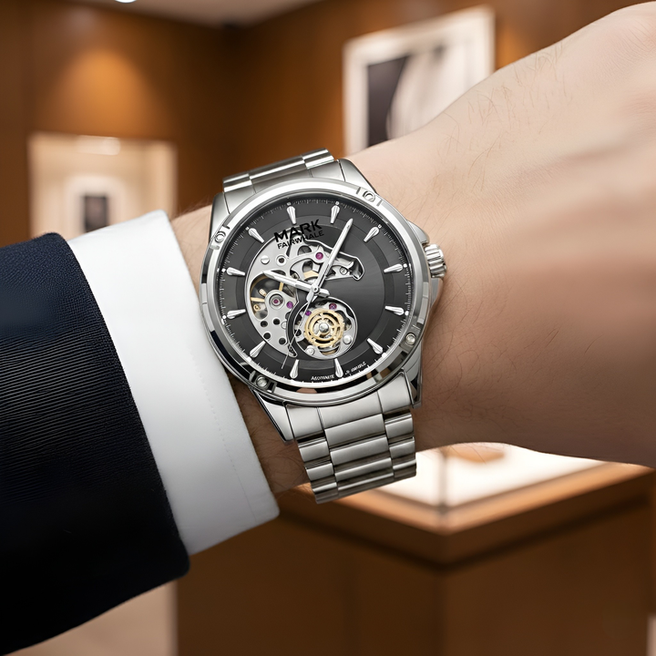 Mark Fairwhale FW-6033 Knight Vector automatic mechanical watch on wrist with stainless steel bracelet in luxury lifestyle scene