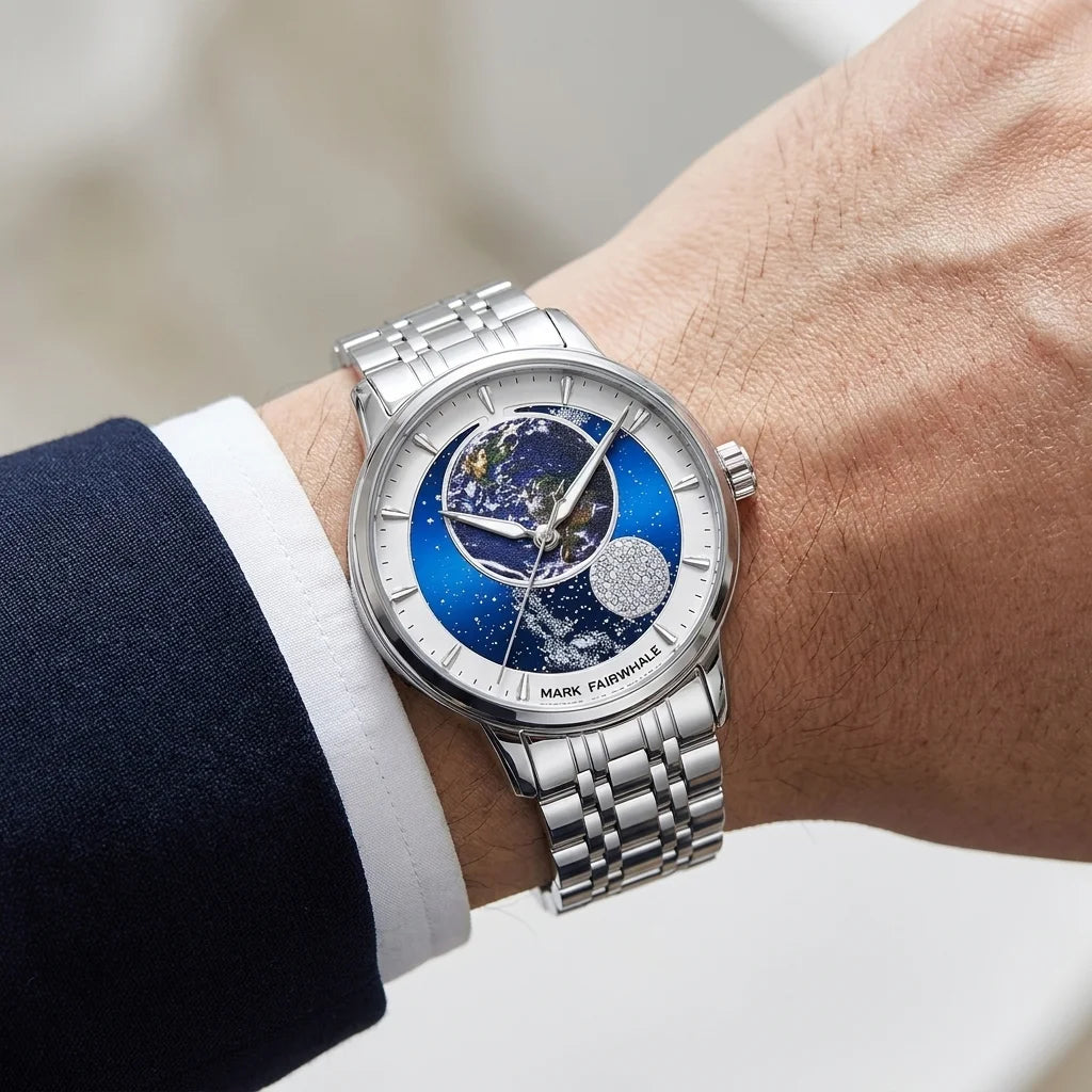 Mark Fairwhale FW-6049 Automatic Mechanical Watch - gold timepiece, tailored suit cuff, studio lighting