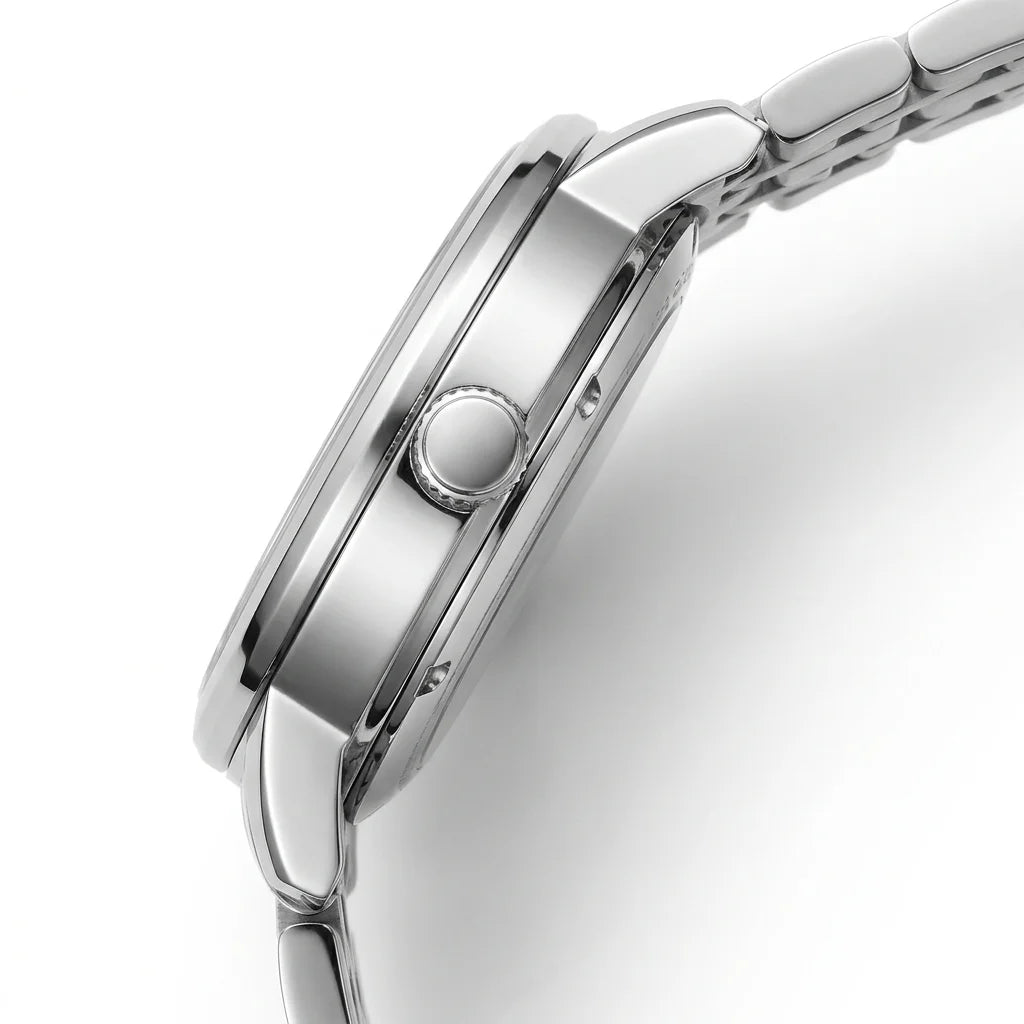 Mark Fairwhale FW-6049 Automatic Mechanical Watch - watch side profile, polished metallic case, white studio background