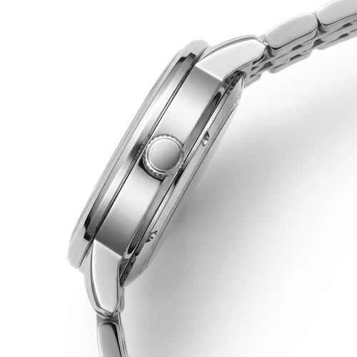 Mark Fairwhale FW-6049 Automatic Mechanical Watch - watch side profile, polished metallic case, white studio background