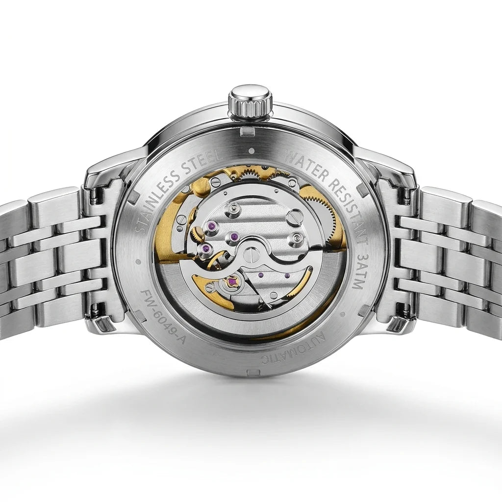 Mark Fairwhale FW-6049 Automatic Mechanical Watch - engraved watch caseback, white seamless background, metallic watch strap