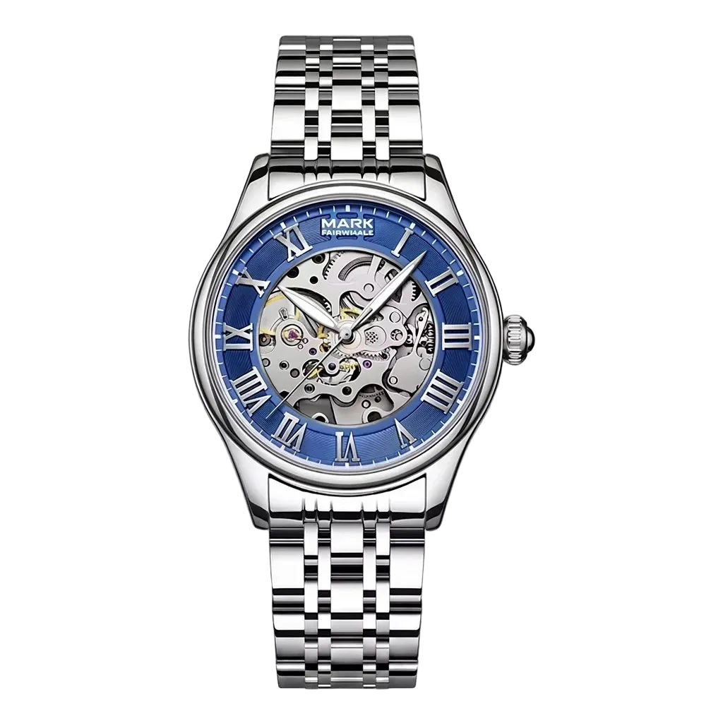 Mark Fairwhale FW-6054 Auto Skeleton Watch - polished gold timepiece, studio lighting, shadowless background