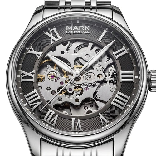 Mark Fairwhale FW-6054 Auto Skeleton Watch - gold watch dial, polished metallic bezel, studio lighting