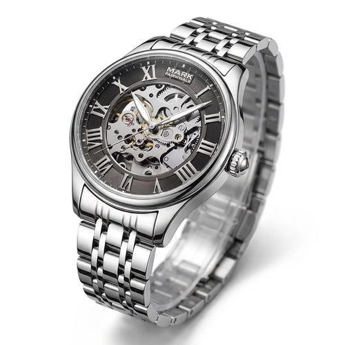 Mark Fairwhale FW-6054 Auto Skeleton Watch - skeleton dial, stainless steel case, Roman numerals, studio lighting