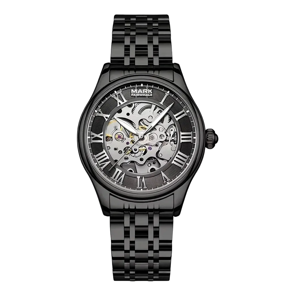 Mark Fairwhale FW-6054 Auto Skeleton Watch - gold wristwatch, studio lighting, polished metal, shadowless background