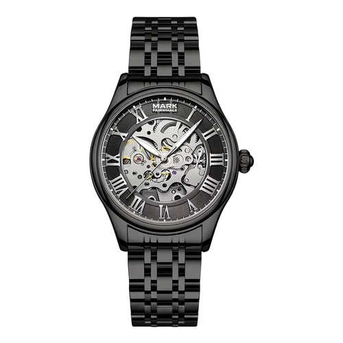 Mark Fairwhale FW-6054 Auto Skeleton Watch - gold wristwatch, studio lighting, polished metal, shadowless background