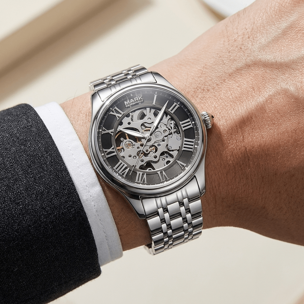 Mark Fairwhale FW-6054 Auto Skeleton Watch - tailored suit cuff, luxury wristwatch detail, studio lighting