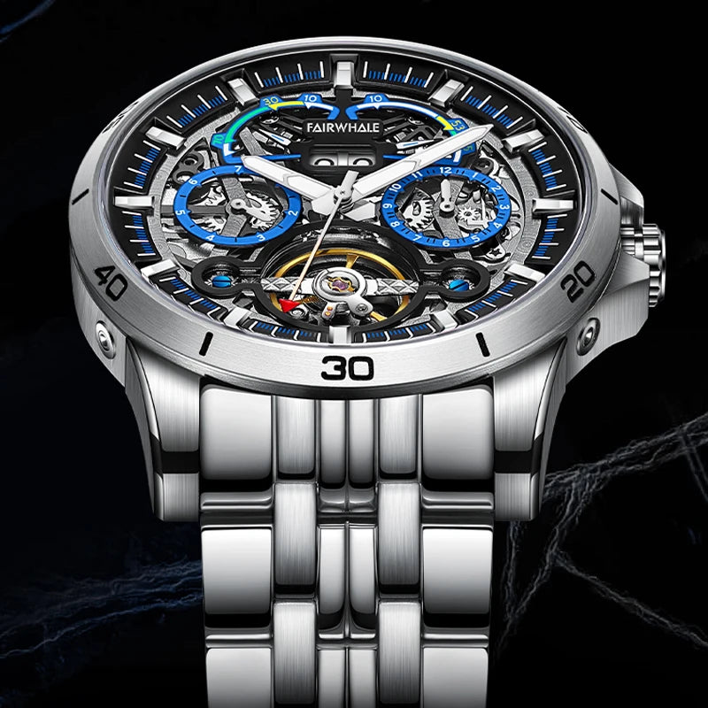 Luxury Automatic Tourbillon Watch stainless steel angled view