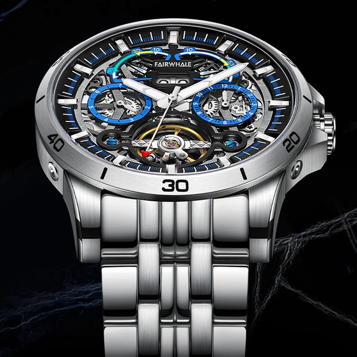 Luxury Automatic Tourbillon Watch stainless steel angled view