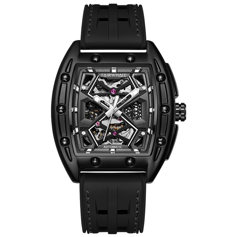 Black wristwatch with a detailed face on a white background