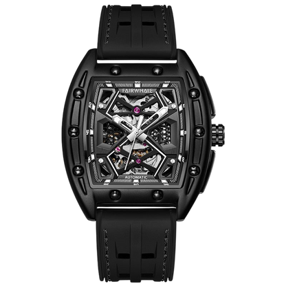 Black wristwatch with a detailed face on a white background