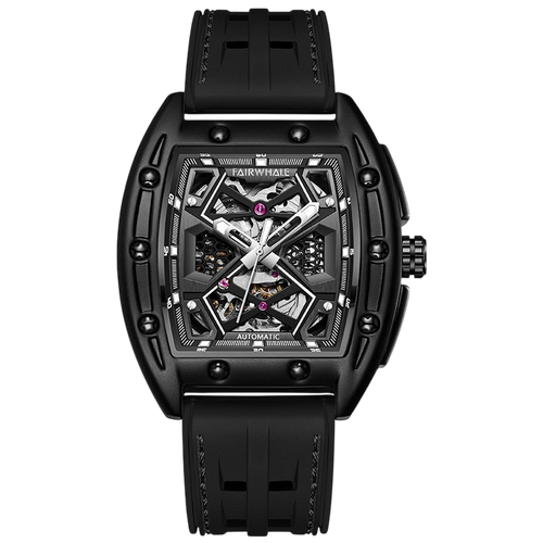 Black wristwatch with a detailed face on a white background