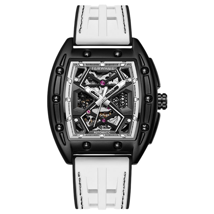 Luxury watch with black case, white strap, and intricate design on a white background