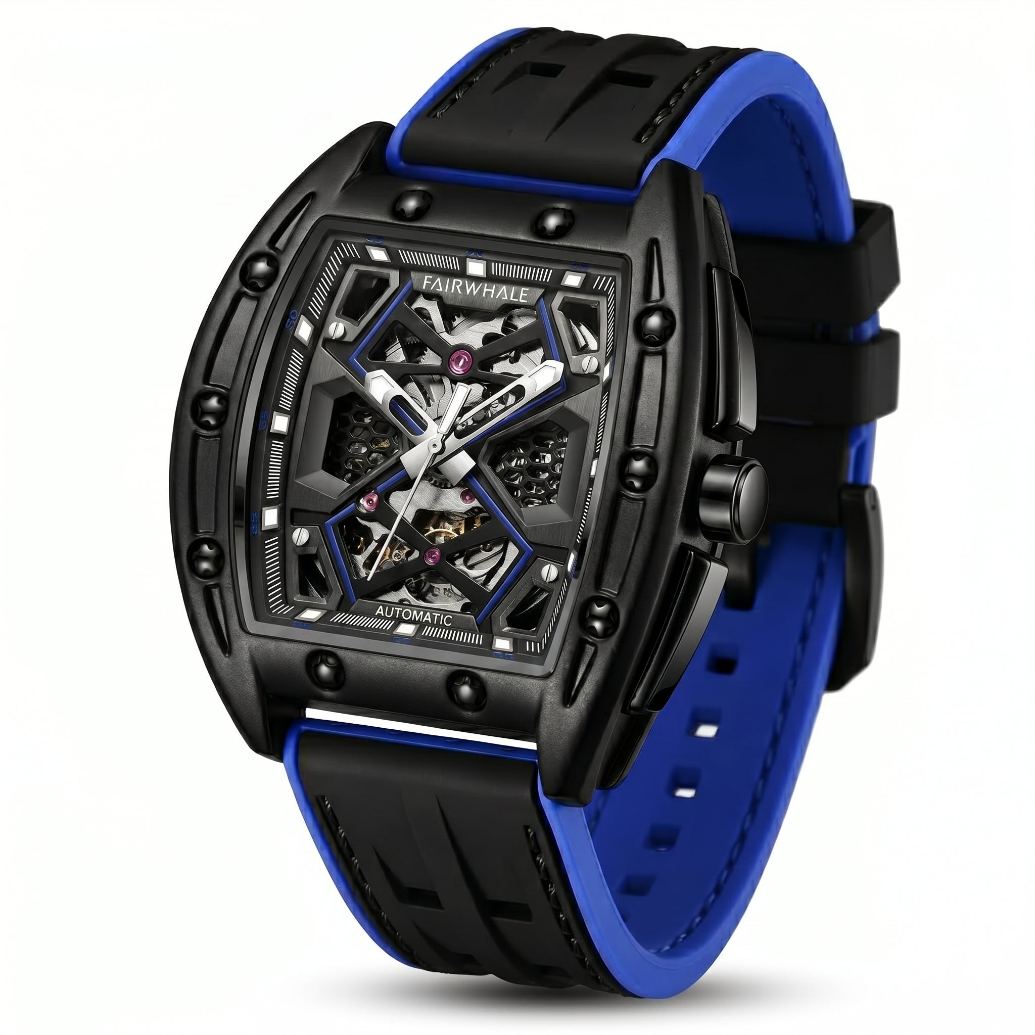 Watch with black and blue strap on a white background