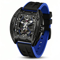 Watch with black and blue strap on a white background