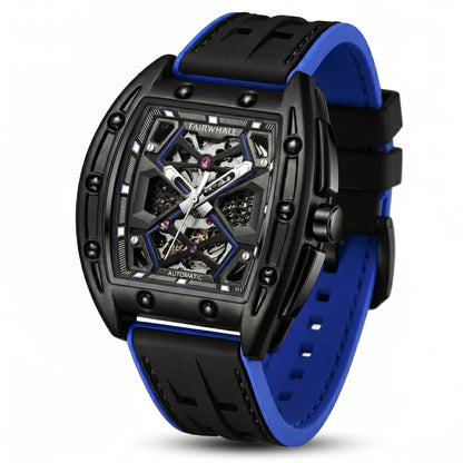 Watch with black and blue strap on a white background